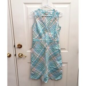LL Bean Dress Size 6 Linen Cotton Blue Green Plaid V-Neck A-Line Spring Casual